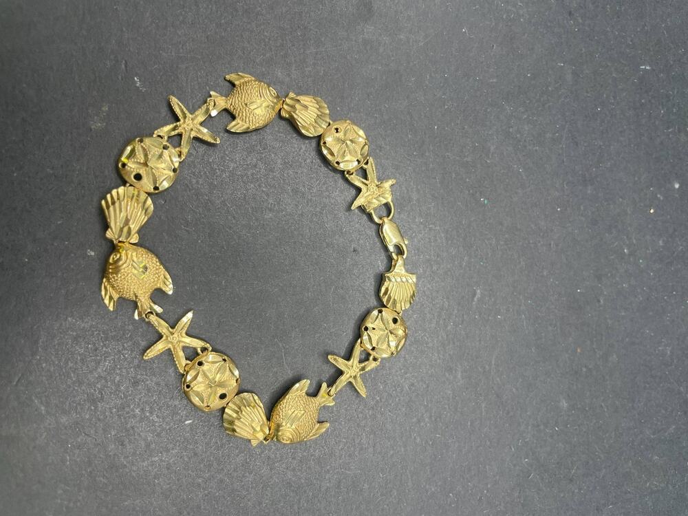 14K Yellow Gold Nautical Sea Life Link Bracelet Starfish Shell Fish 12.06 Grams